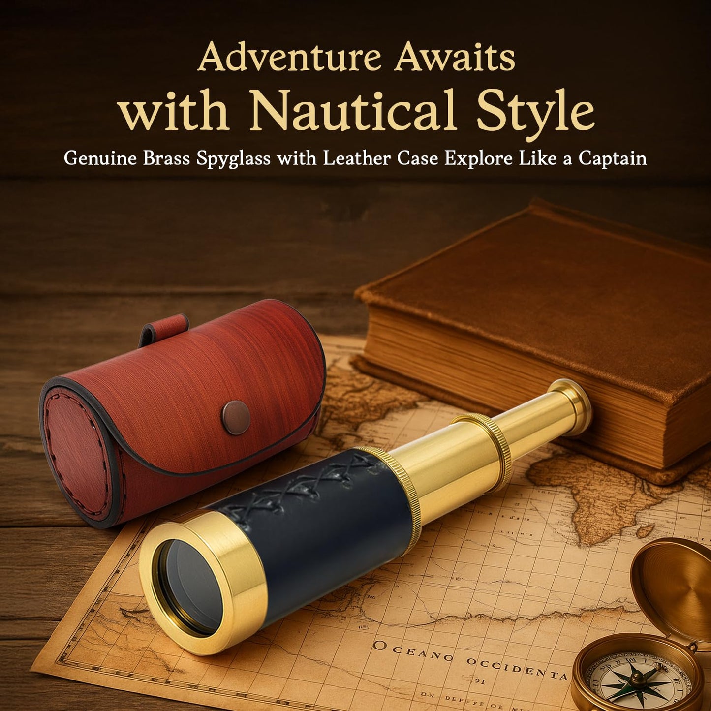 NauticalMart vintage pirate navigation telescope showcasing the black leather grip detailing.