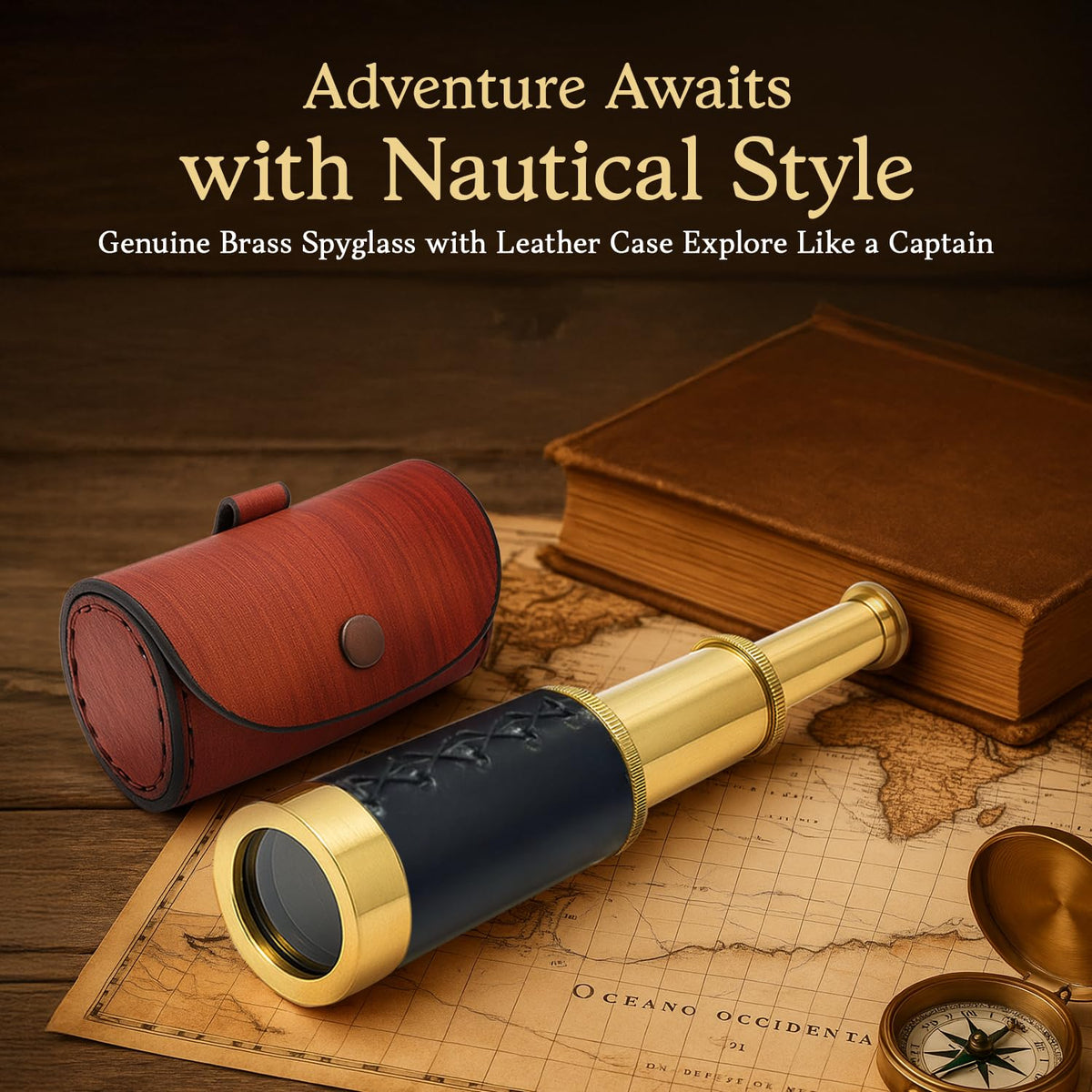 NauticalMart vintage pirate navigation telescope showcasing the black leather grip detailing.