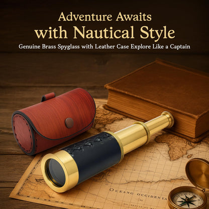 NauticalMart vintage pirate navigation telescope showcasing the black leather grip detailing.