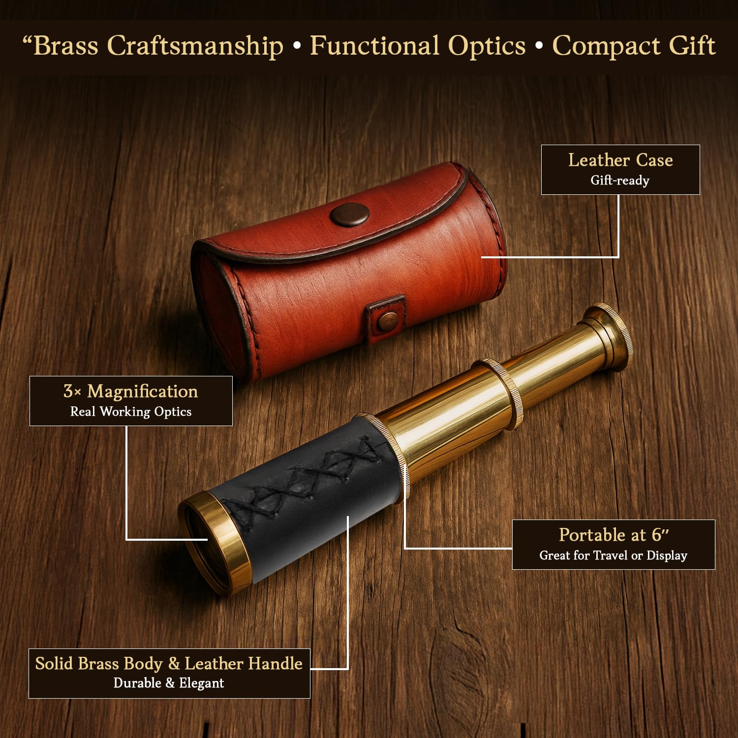 Six inch handheld brass telescope collapsed into its compact pocket size configuration.