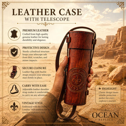 Top view of the premium leather box showcasing the integrated compass detail.