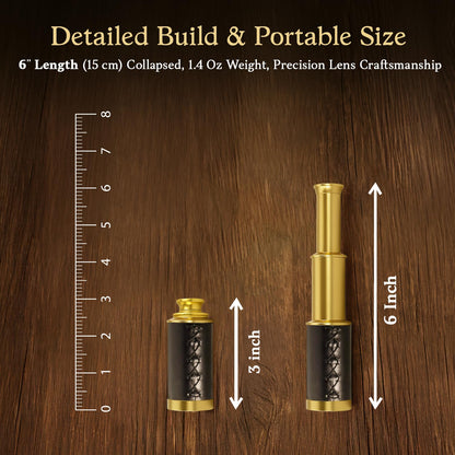 Authentic brass maritime spyglass placed elegantly next to its premium protective leather case.