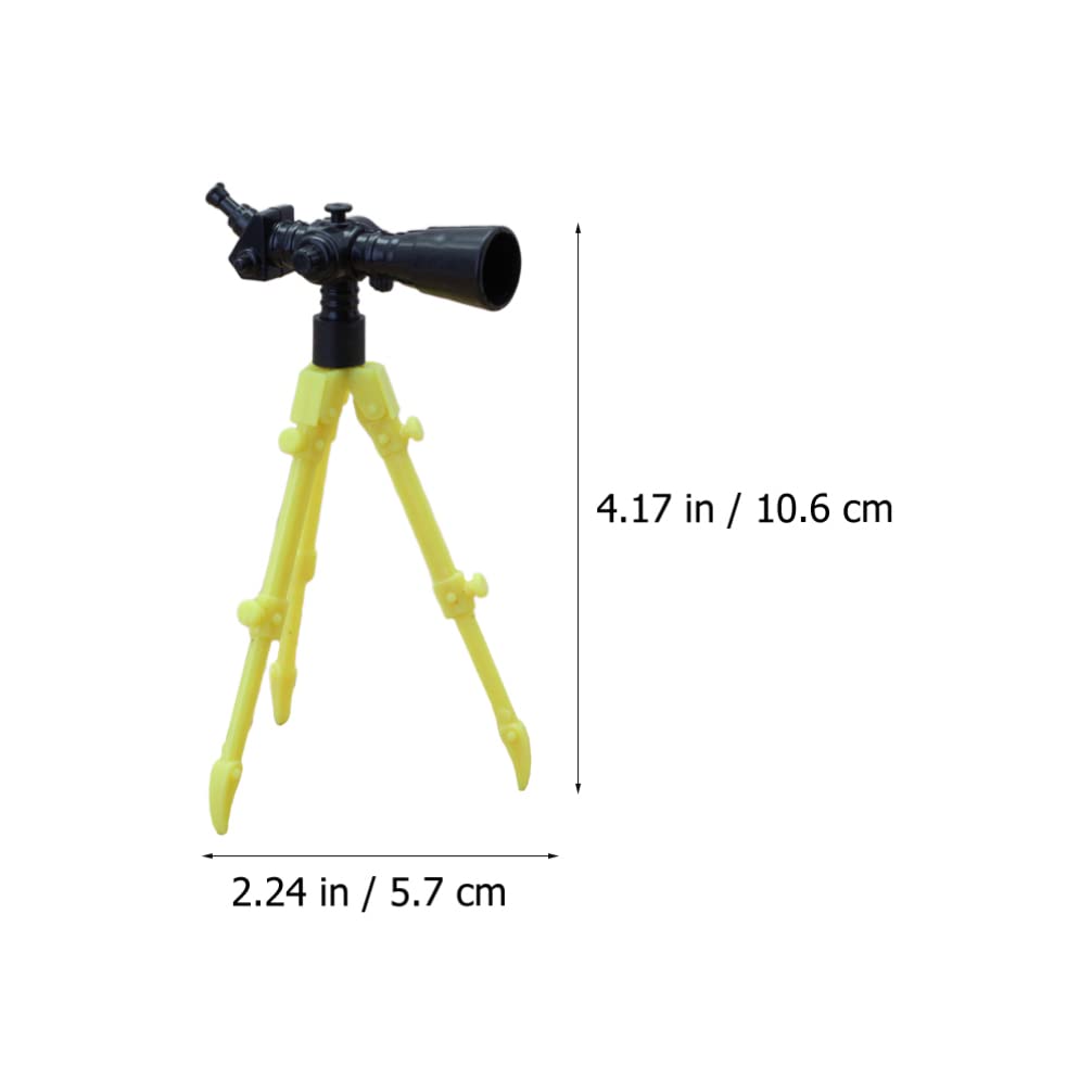Twelve piece collection of colorful miniature dollhouse telescope models on yellow stands.