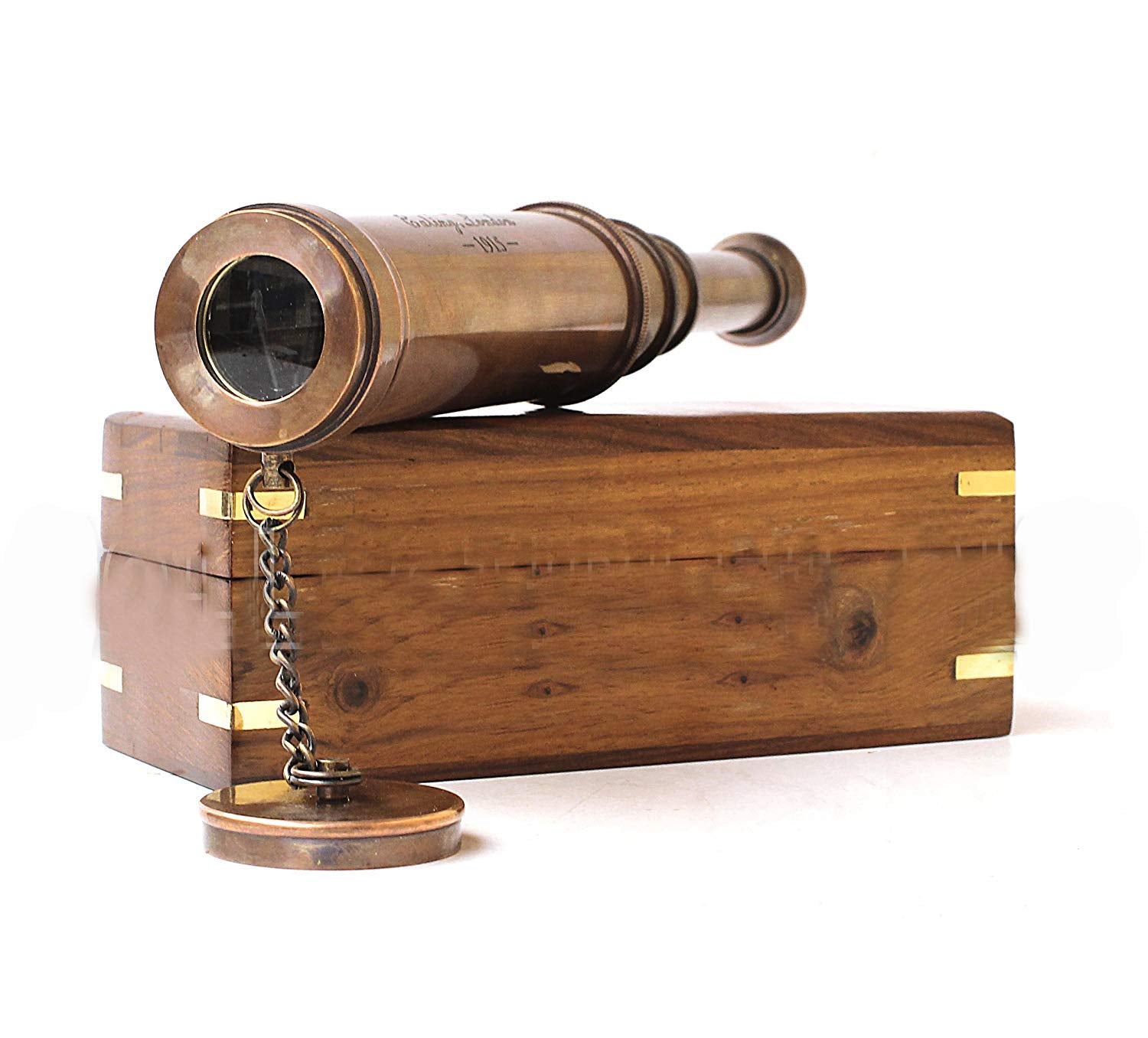 Antique finish brass marine spyglass fully extended showing the London 1917 engraving details.