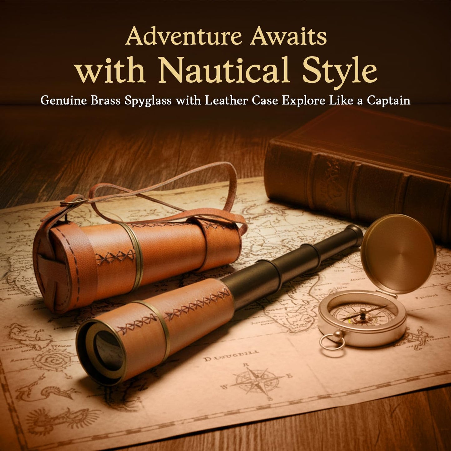 Handcrafted antique spyglass telescope fully extended to 18 inches for maritime home decor.