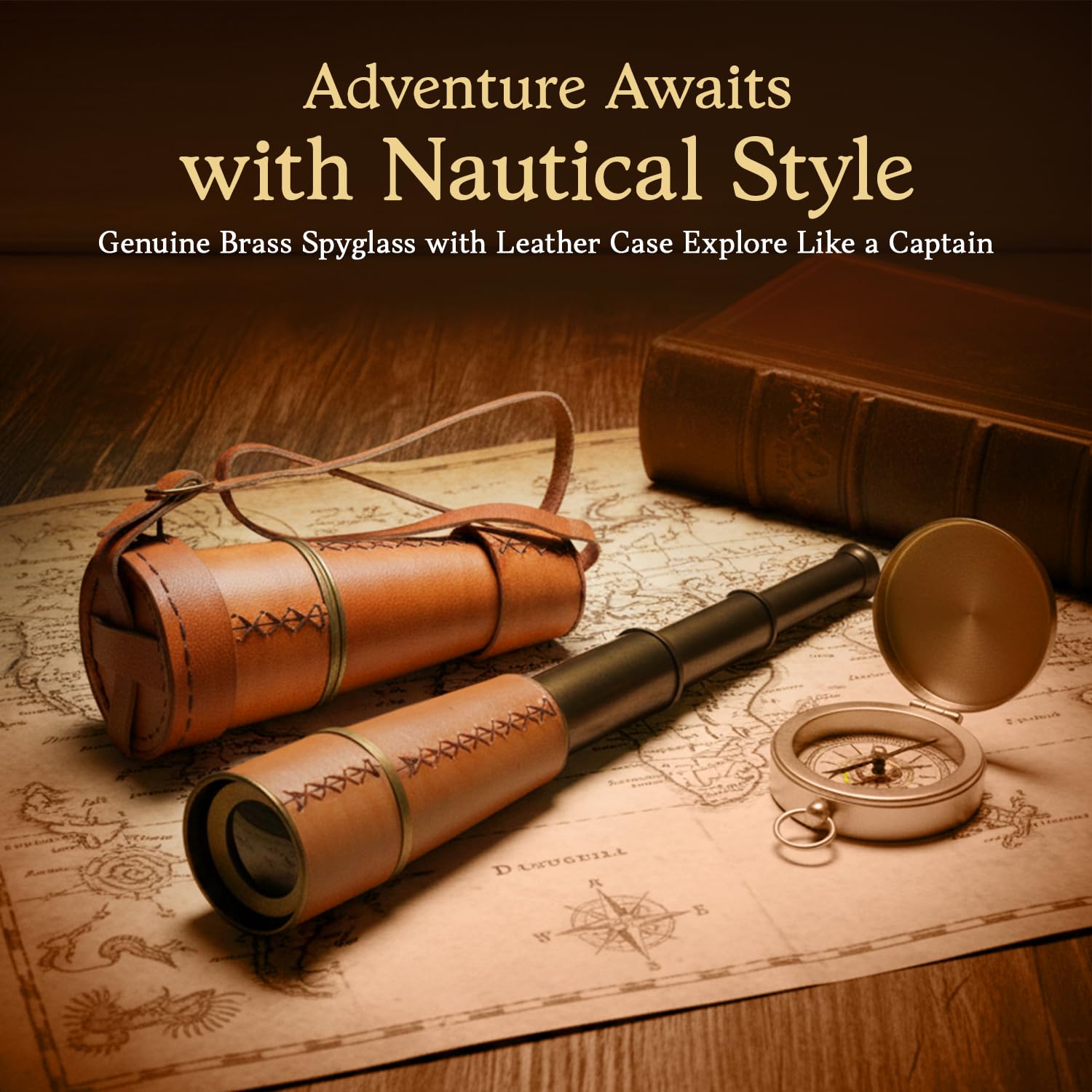 Handcrafted antique spyglass telescope fully extended to 18 inches for maritime home decor.