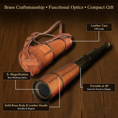 Close up view of the premium leather grip and manual push pull mechanism on the vintage brass telescope.