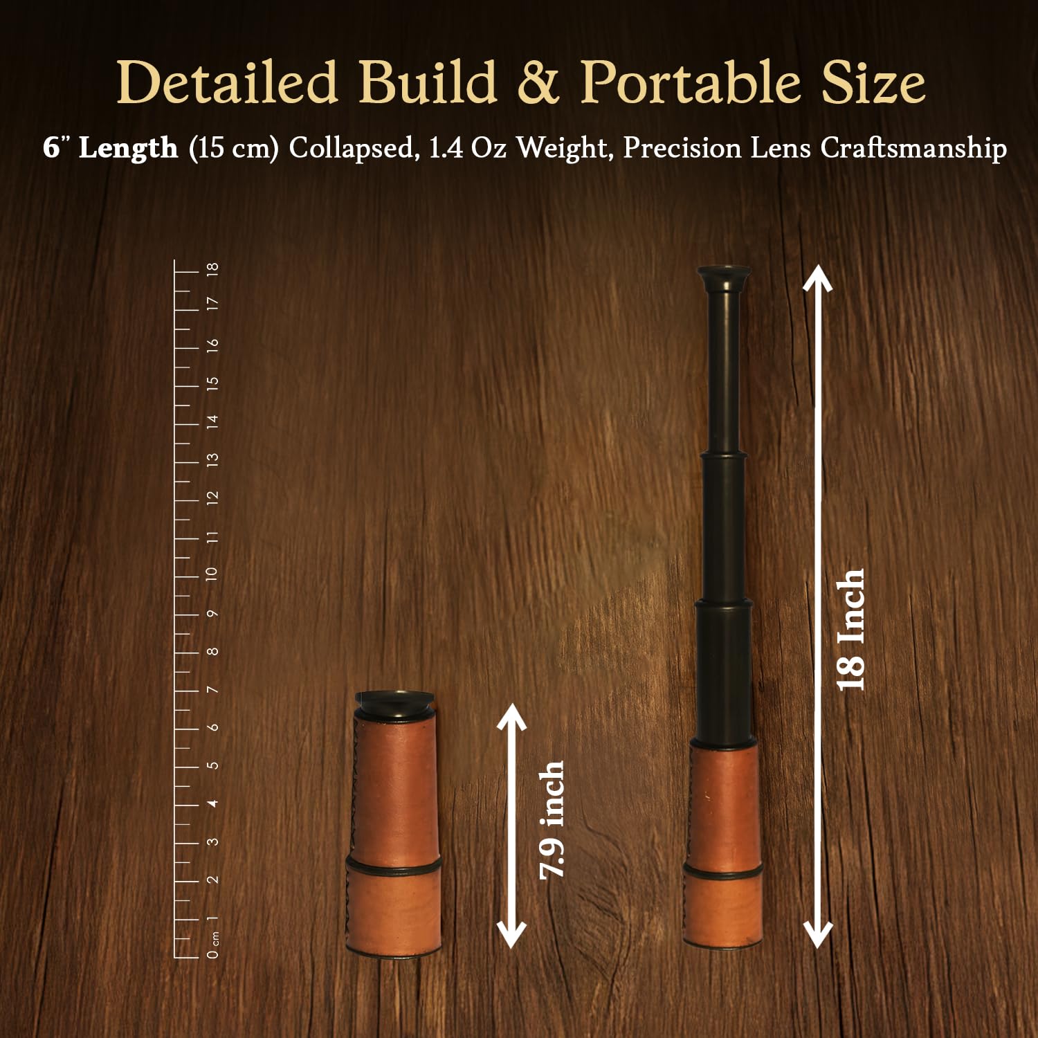 NauticalMart pocket size handheld pirate spyglass collapsed for storage and transport.
