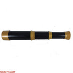 Side profile of the black plastic toy telescope showcasing the shiny gold trim.