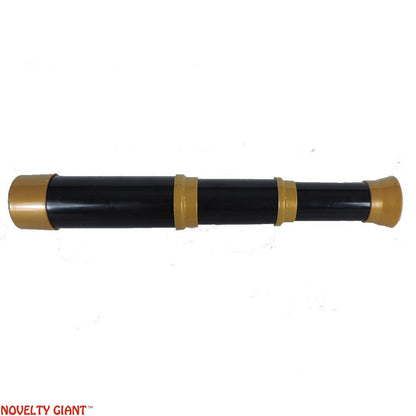 Side profile of the black plastic toy telescope showcasing the shiny gold trim.