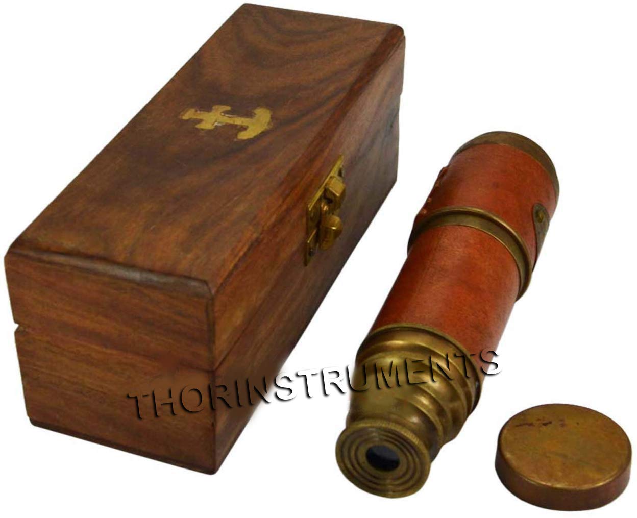 Handmade rosewood storage box open showing collapsed vintage brass telescope inside