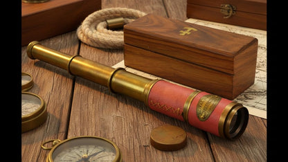 THOR INSTRUMENTS collectible brass telescope safely placed next to its wood box
