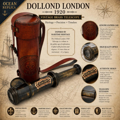 Ocean Replicas historical marine spyglass collapsed next to its premium stitched leather storage case