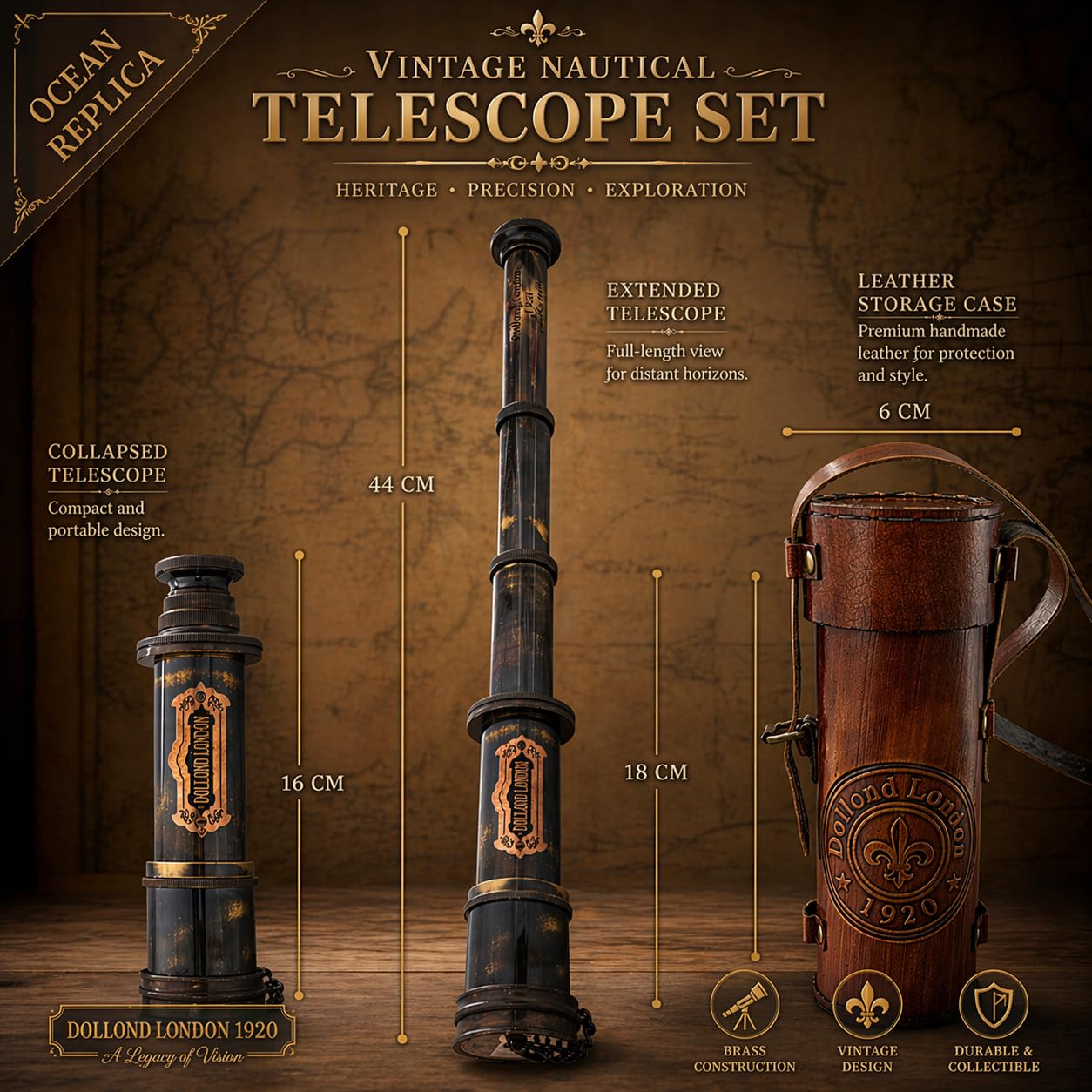 Close-up of the Galilean glass optics and sliding sunshade on the Ocean Replicas vintage telescope