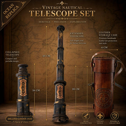 Close-up of the Galilean glass optics and sliding sunshade on the Ocean Replicas vintage telescope