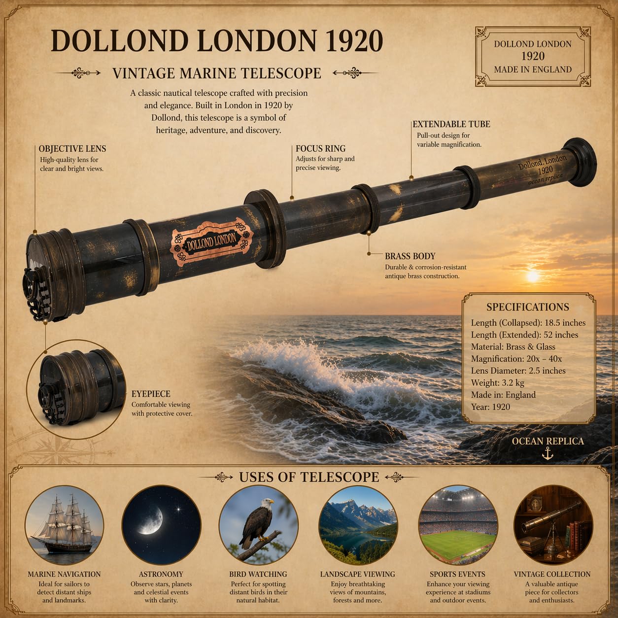 Side profile of the Royal Navy inspired designer replica telescope showing the detailed leather wrap