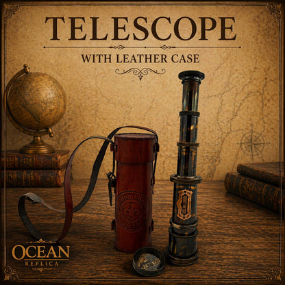 Ocean Replicas antique look brass telescope displayed elegantly on a wooden study desk as maritime decor