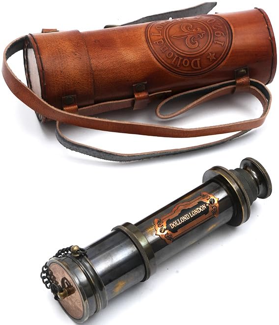 Packaging view of the Ocean Replicas nautical telescope securely resting inside its protective leather gift box