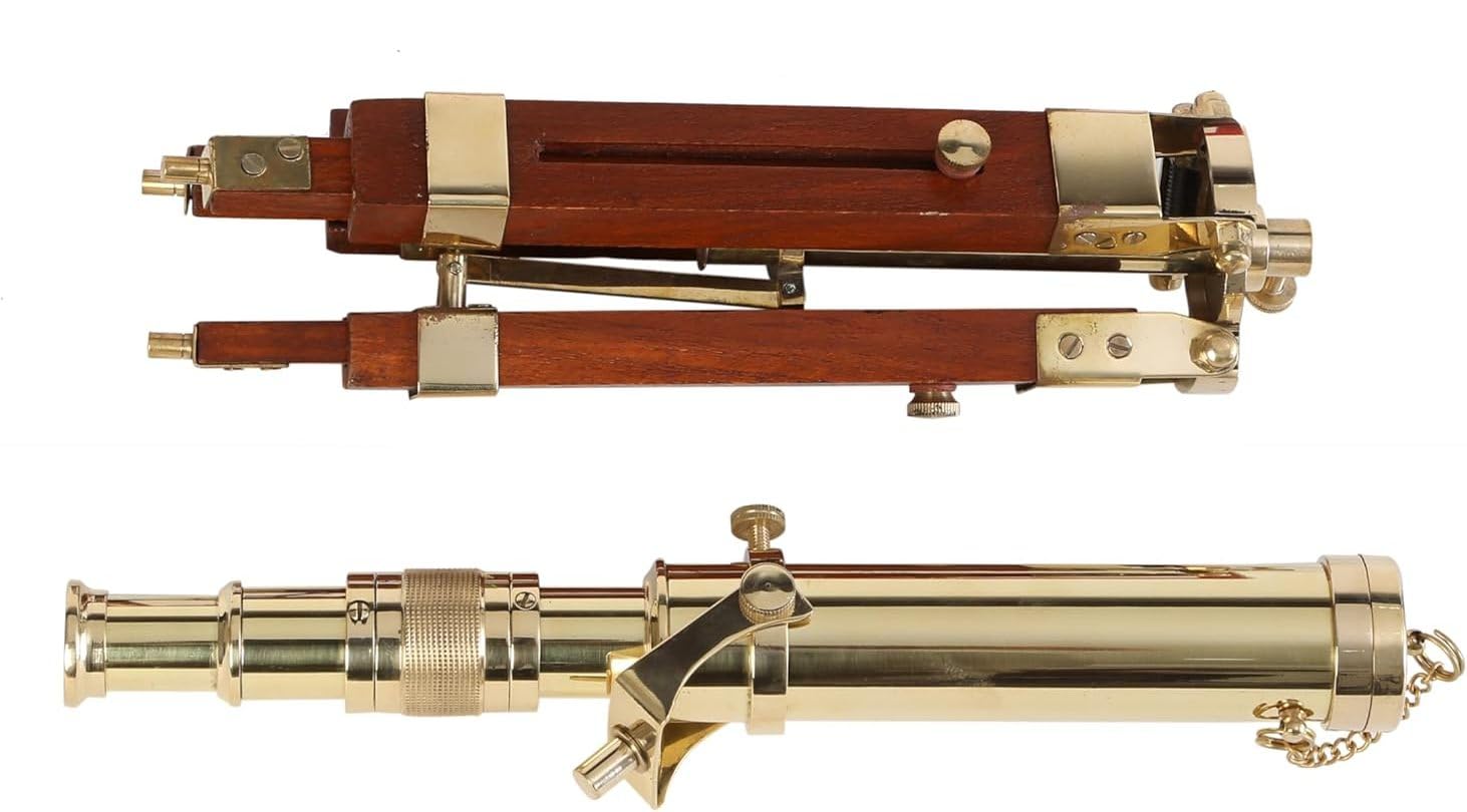 Premium luxury vintage brass telescope collectible centerpiece placed on a wooden study desk