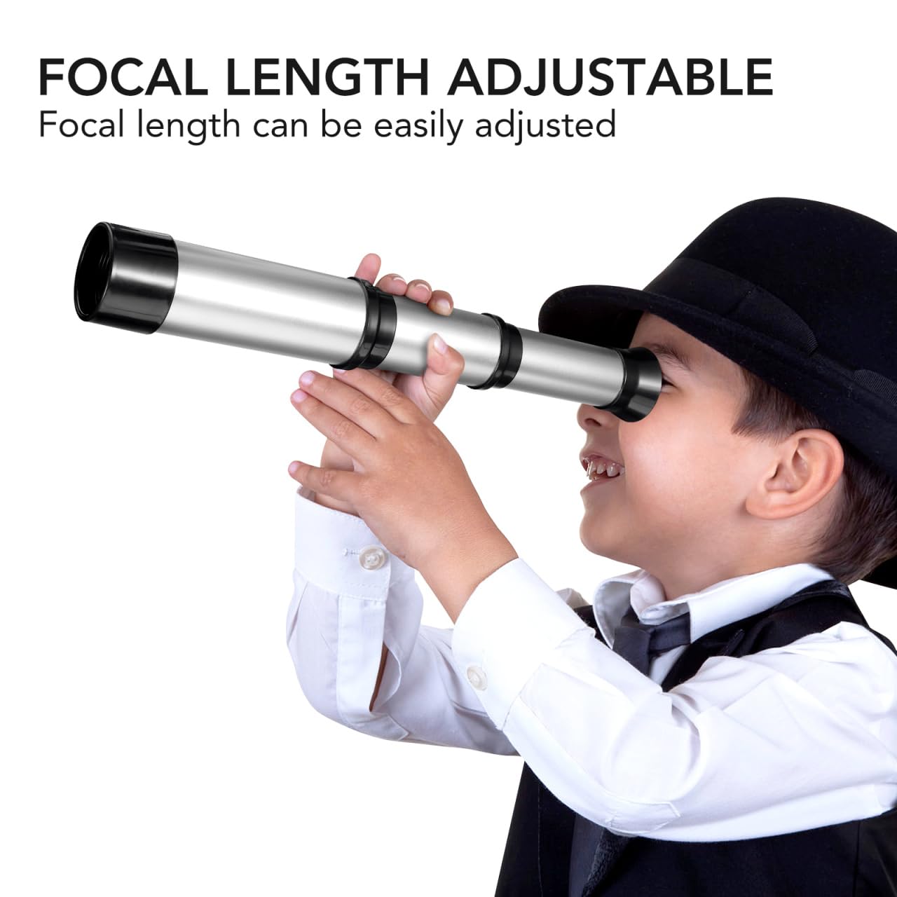 SAFIGLE silver retro telescope toy eyepiece and black lens cap detail