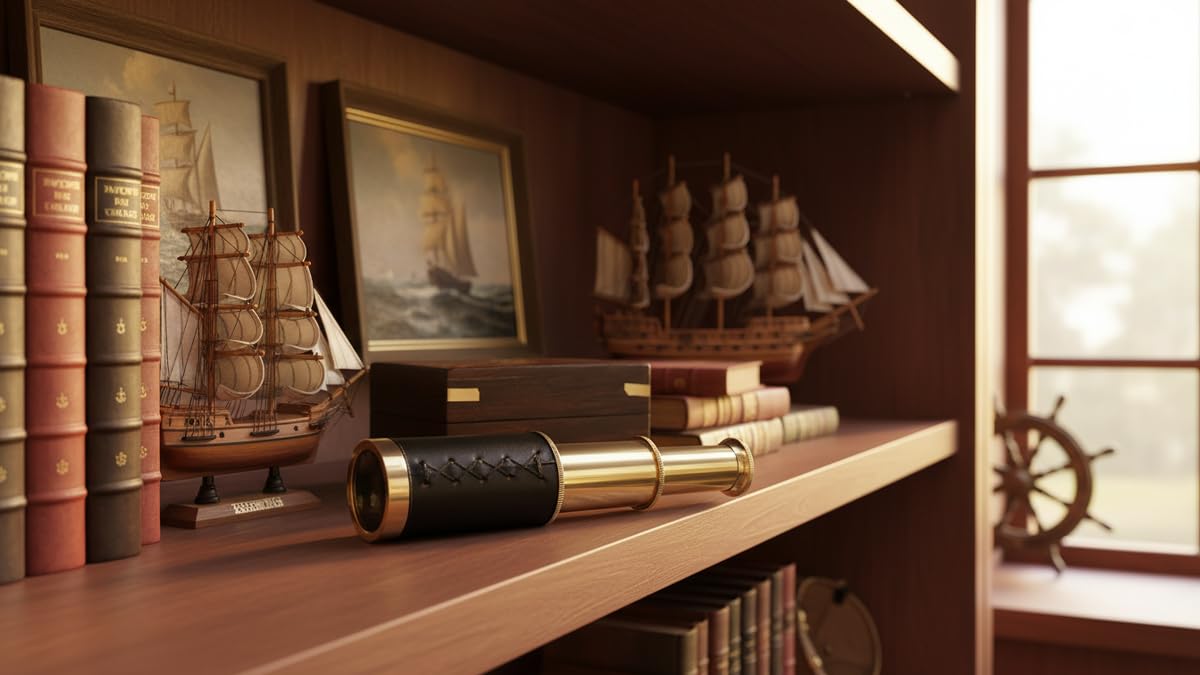 Thor Instruments six inch brass spyglass telescope fully extended showing the black leather grip