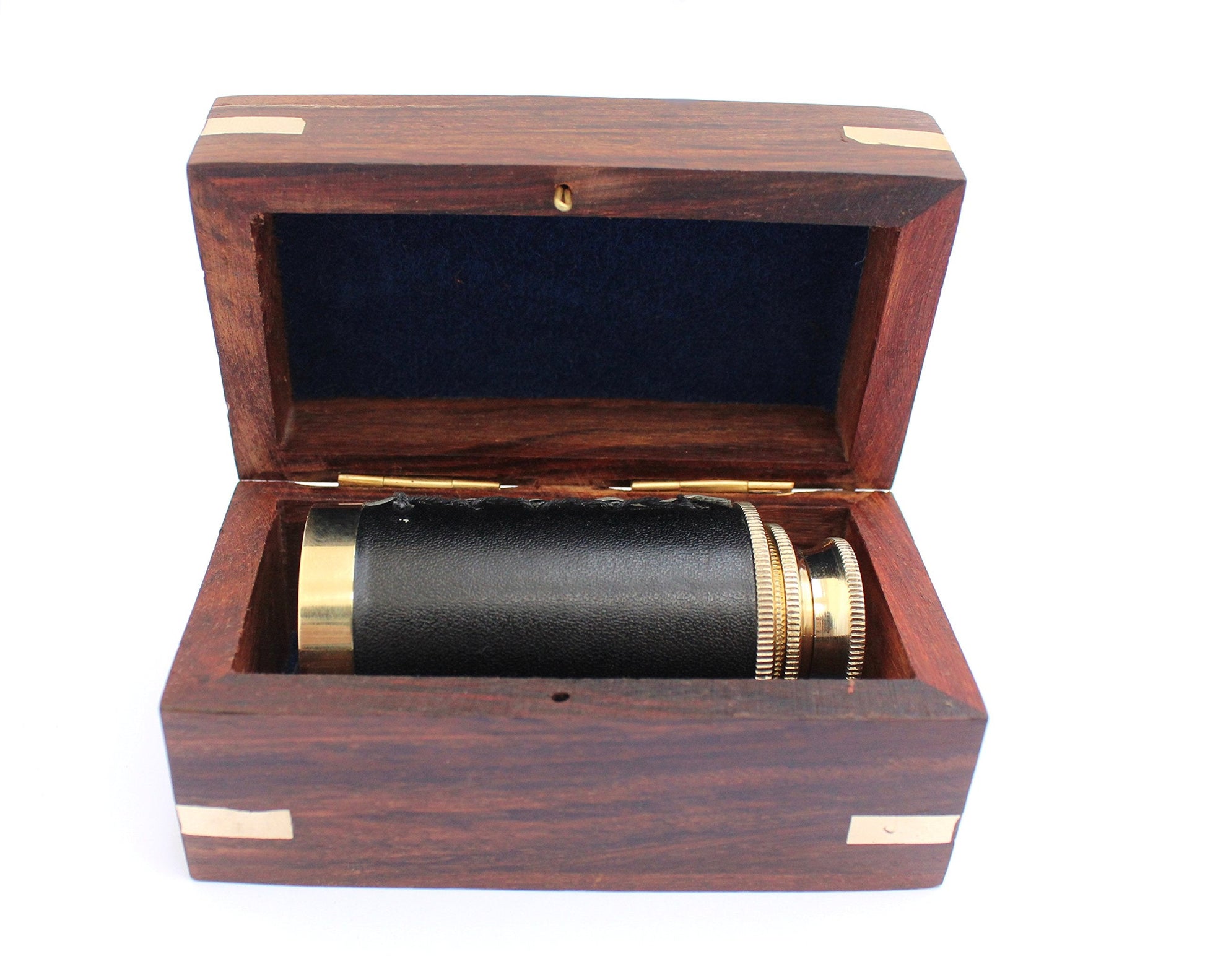 Side view of the premium leather wrapped pirate spyglass reflecting light on polished brass barrels