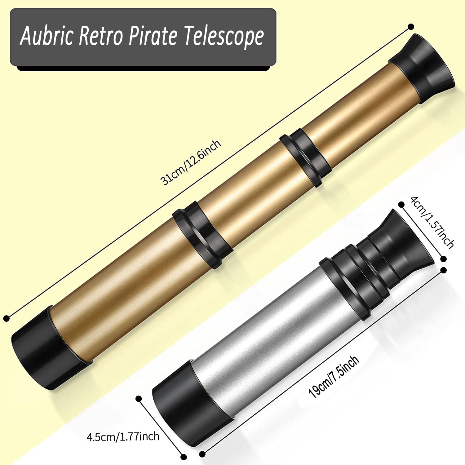 Aubric children retro handheld collapsible spyglass toy set in metallic gold and silver colors