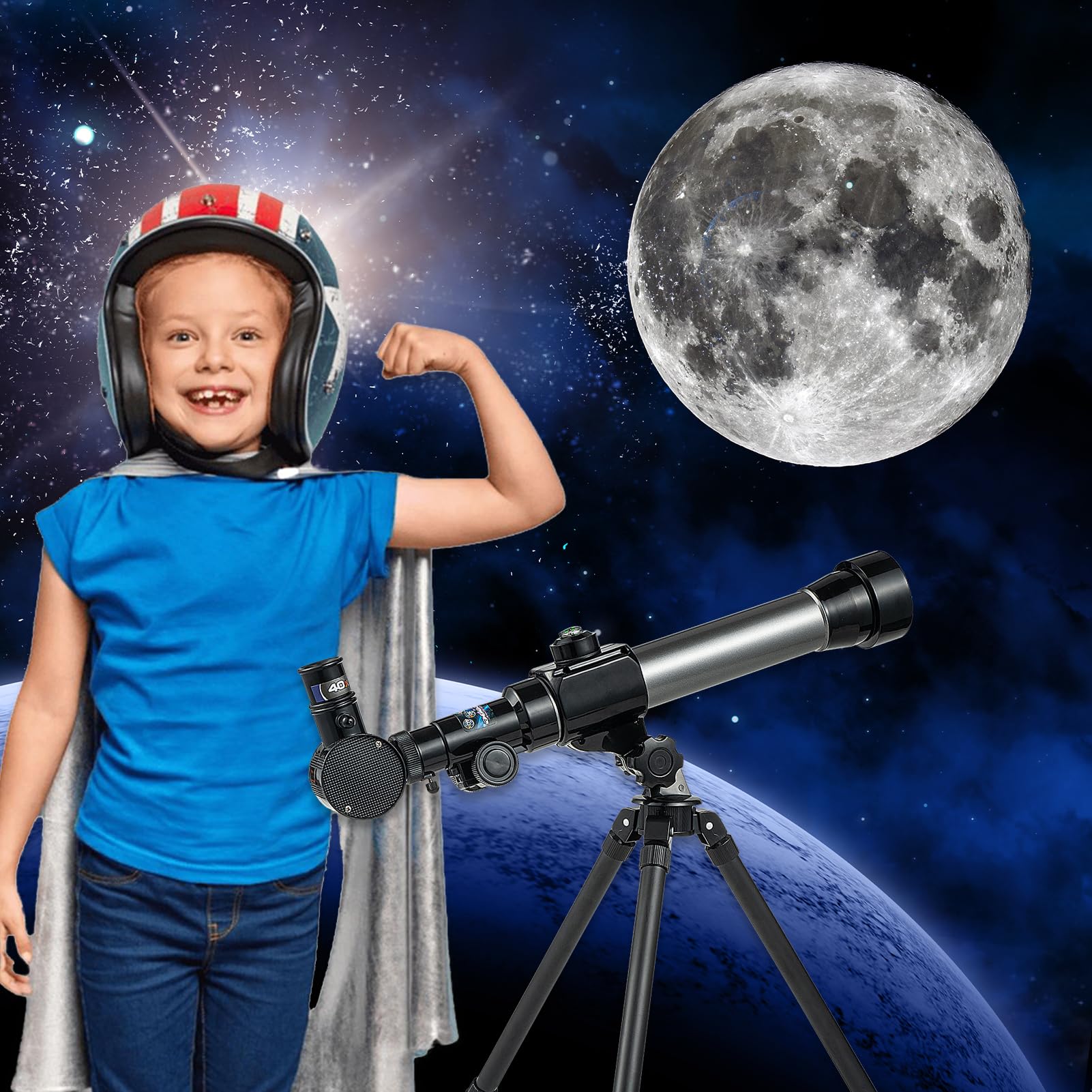 Lightweight portable telescope for travel being adjusted by a child for daytime nature and bird watching.