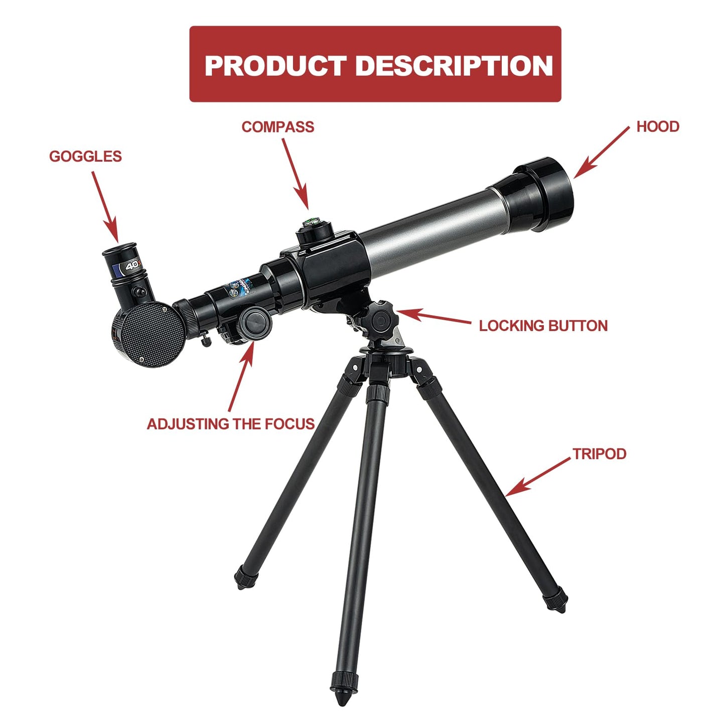 Educational space toy packaging display demonstrating the complete contents of the beginner astronomy set.