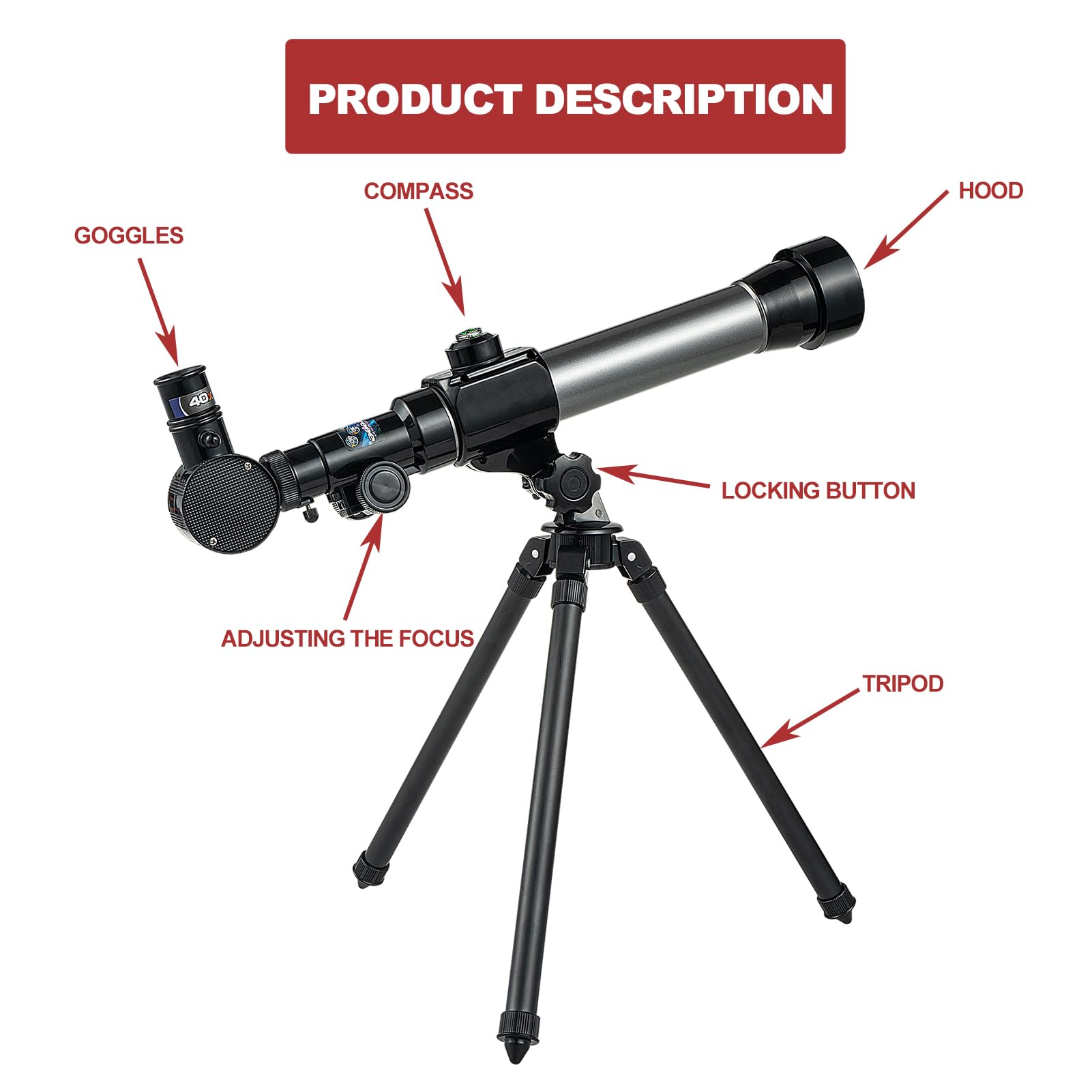 Educational space toy packaging display demonstrating the complete contents of the beginner astronomy set.