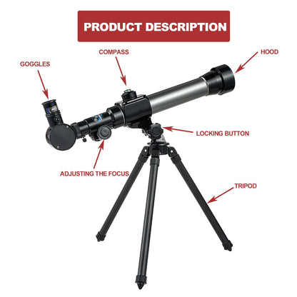 Educational space toy packaging display demonstrating the complete contents of the beginner astronomy set.