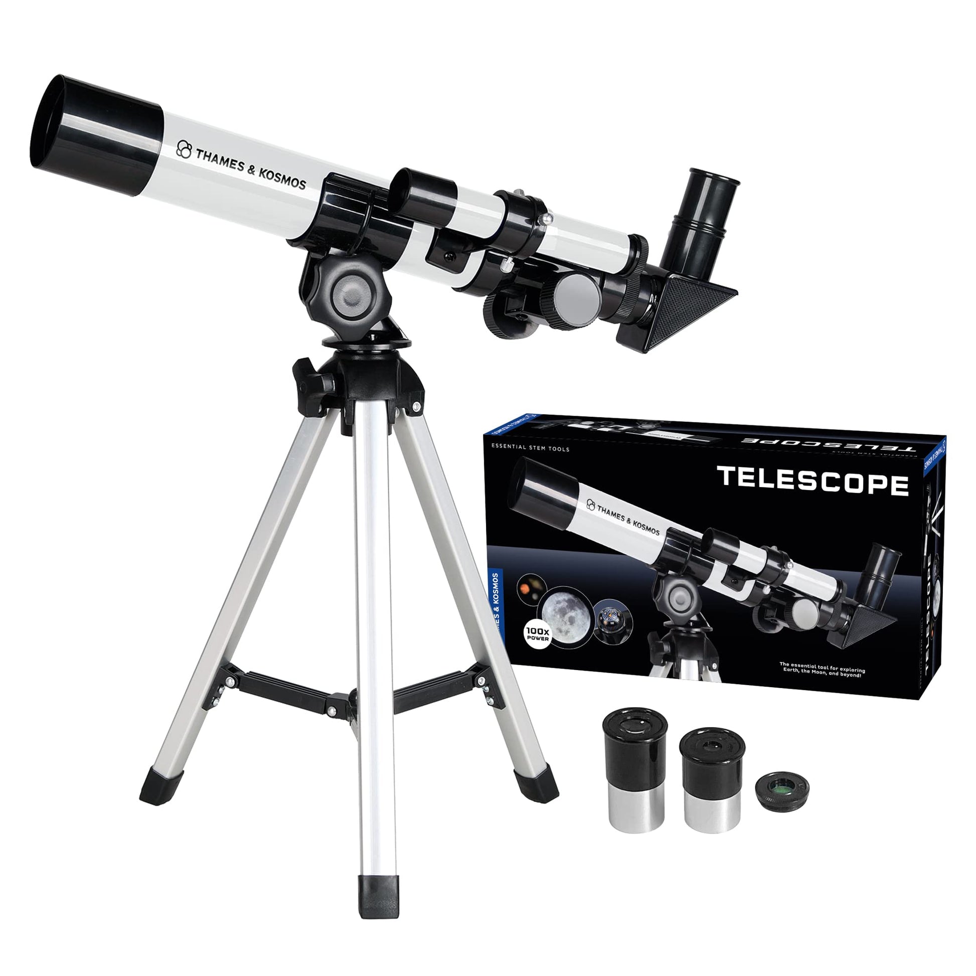 Thames and Kosmos childrens telescope showing forty millimeter objective lens and built in compass detail.