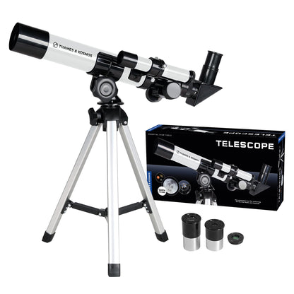 Thames and Kosmos childrens telescope showing forty millimeter objective lens and built in compass detail.