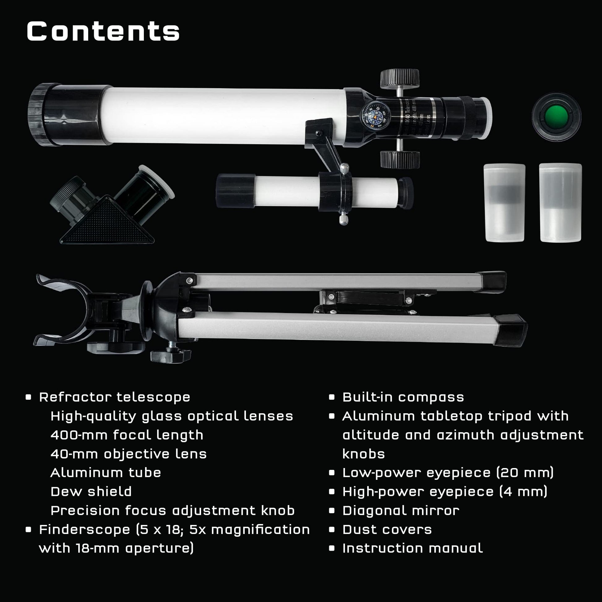 Thames and Kosmos entry level scientific telescope with white optical tube and interchangeable eyepieces.