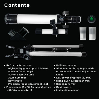 Thames and Kosmos entry level scientific telescope with white optical tube and interchangeable eyepieces.