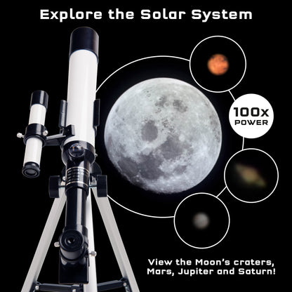 Thames and Kosmos astronomy kit packaging highlighting one hundred times magnification feature.