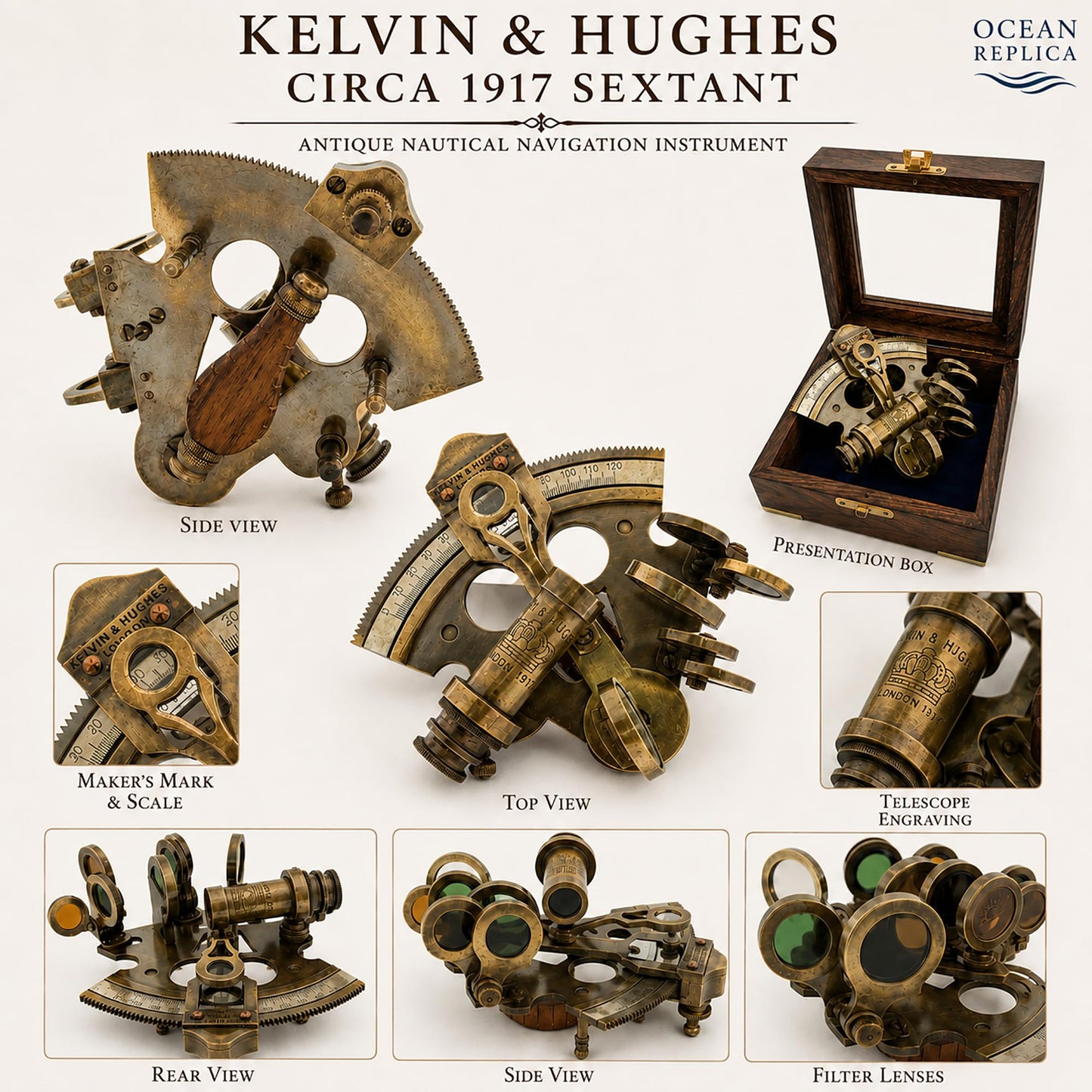 Vintage ship navigation instrument displayed half open inside its protective hardwood storage box.