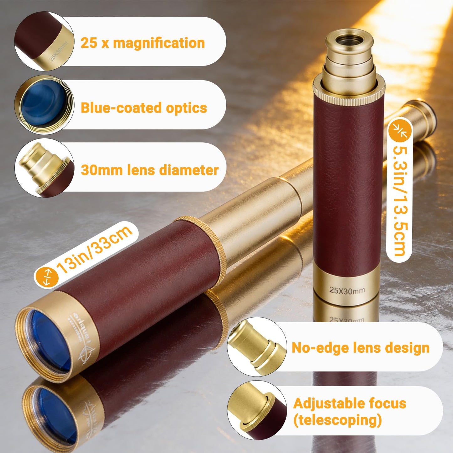 Laupha collapsible vintage monocular telescope shown alongside its weathered polyester fabric pirate treasure map.