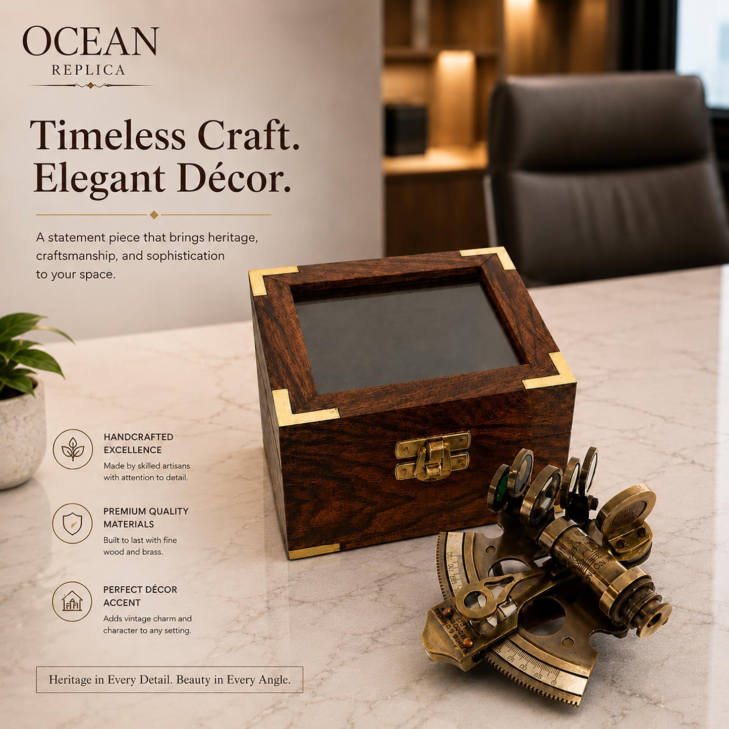 OCEAN REPLICAS brass astrolabe styled as a rustic home decor piece on an office desk.