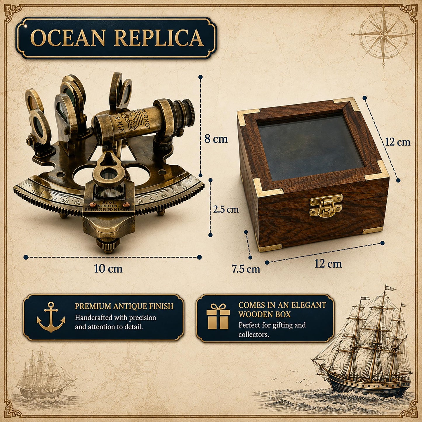 Premium maritime collectors gift package featuring the antique sextant and its elegant wood casing.