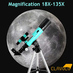 CLAVOLO beginner astronomy kit displaying three interchangeable lenses, the finder scope, and the moon mirror accessories