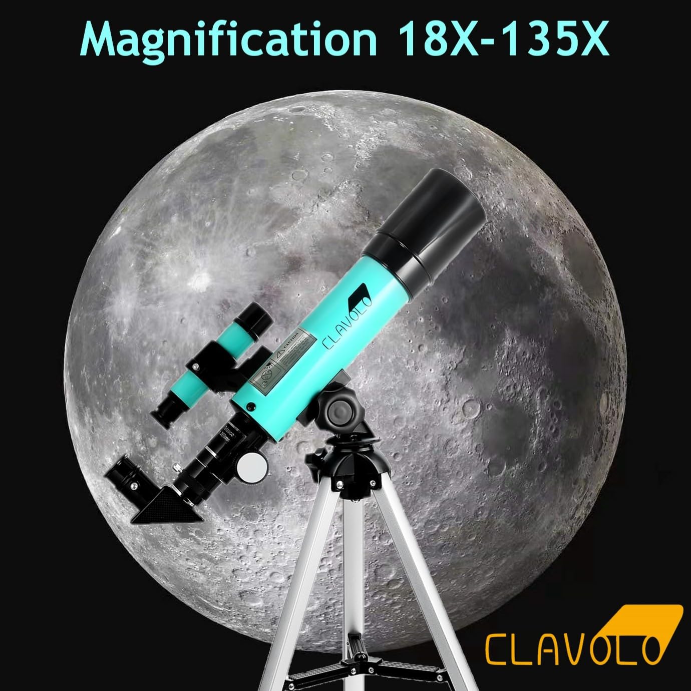 CLAVOLO beginner astronomy kit displaying three interchangeable lenses, the finder scope, and the moon mirror accessories