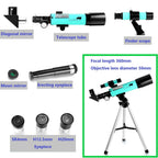 Side profile of the portable CLAVOLO kids refractor telescope highlighting the 50mm objective lens and finder scope alignment