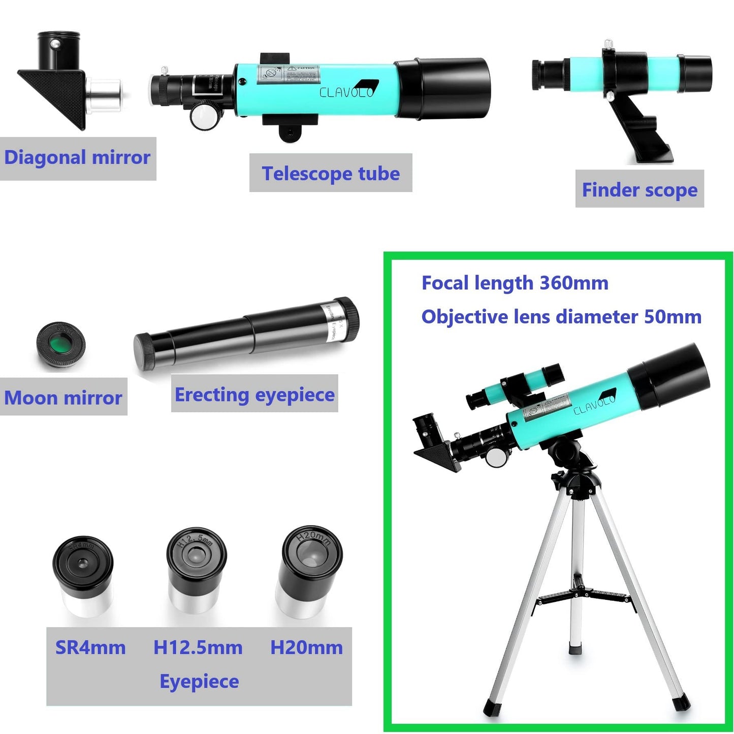 Side profile of the portable CLAVOLO kids refractor telescope highlighting the 50mm objective lens and finder scope alignment