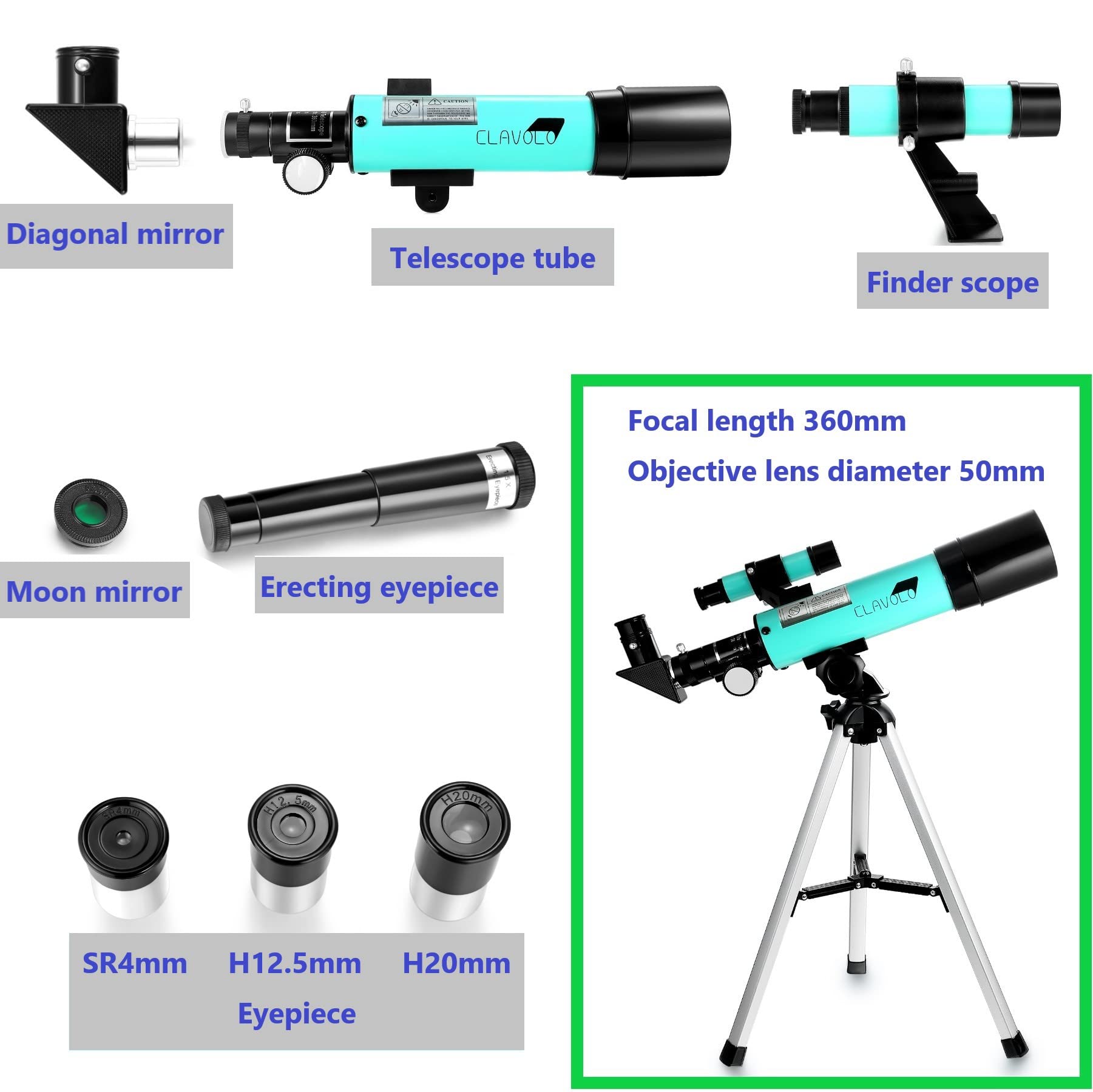 Side profile of the portable CLAVOLO kids refractor telescope highlighting the 50mm objective lens and finder scope alignment