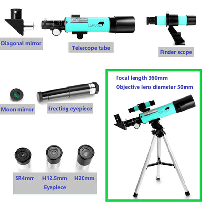Side profile of the portable CLAVOLO kids refractor telescope highlighting the 50mm objective lens and finder scope alignment