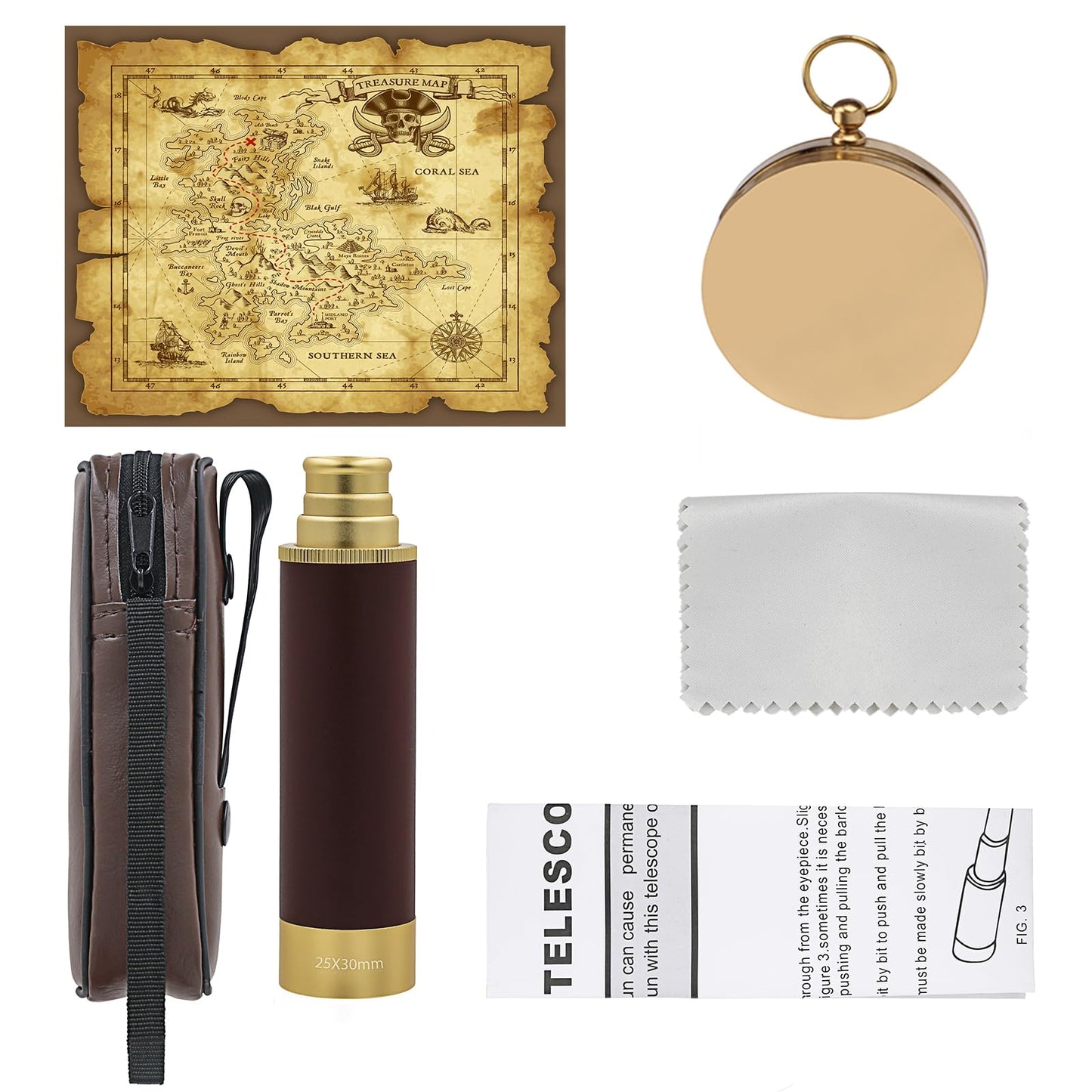 Side view of the Laupha brass and leatherette wrapped pirate spyglass telescope showing its three collapsible sections.