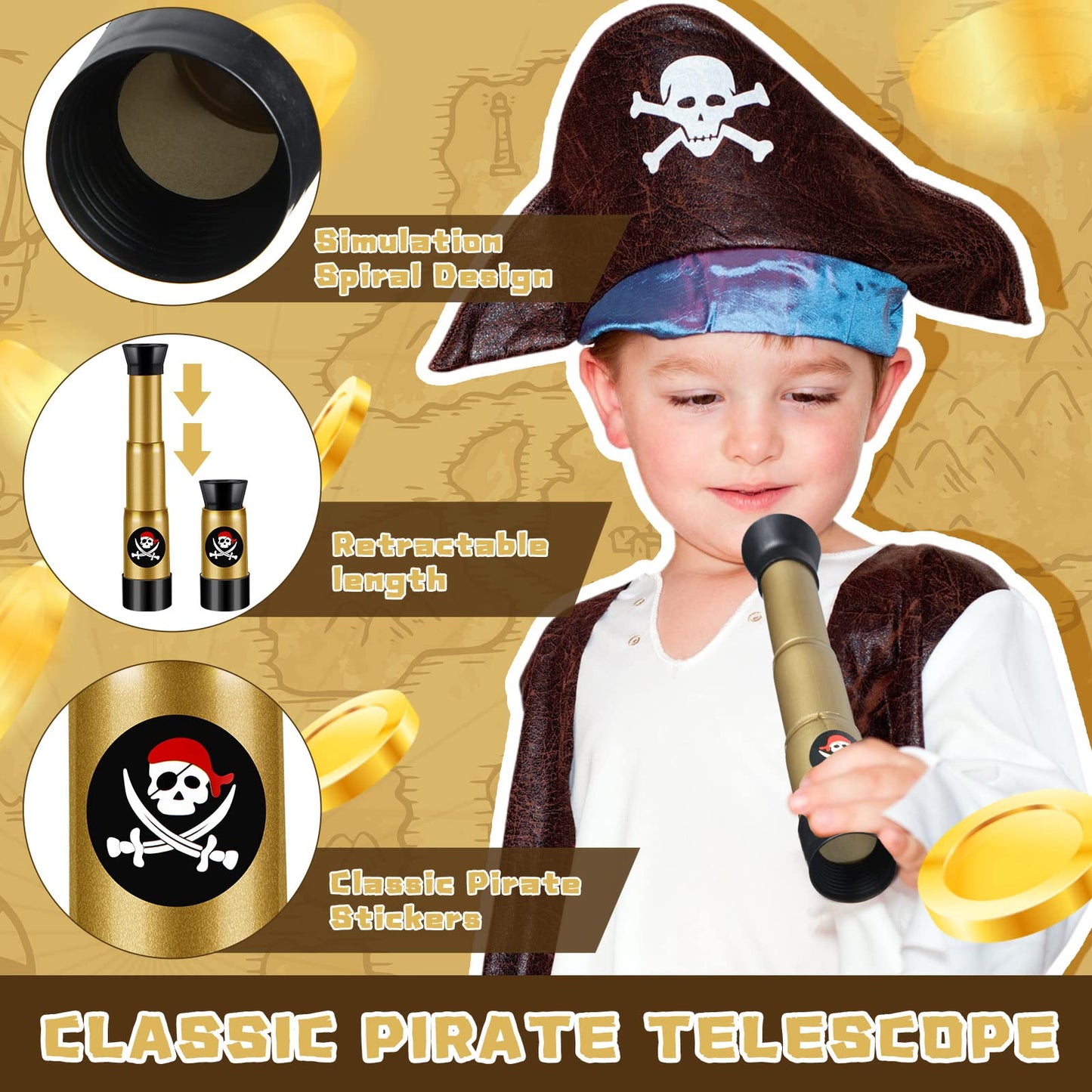 Six pack of Zubebe mini pirate telescopes arranged as party favors for a childrens birthday celebration.