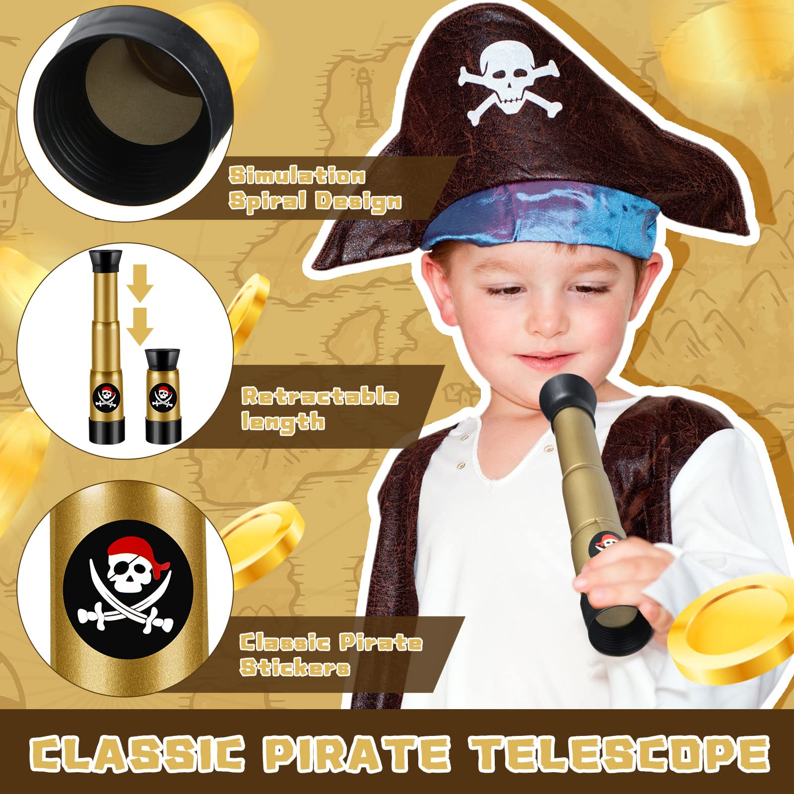 Six pack of Zubebe mini pirate telescopes arranged as party favors for a childrens birthday celebration.