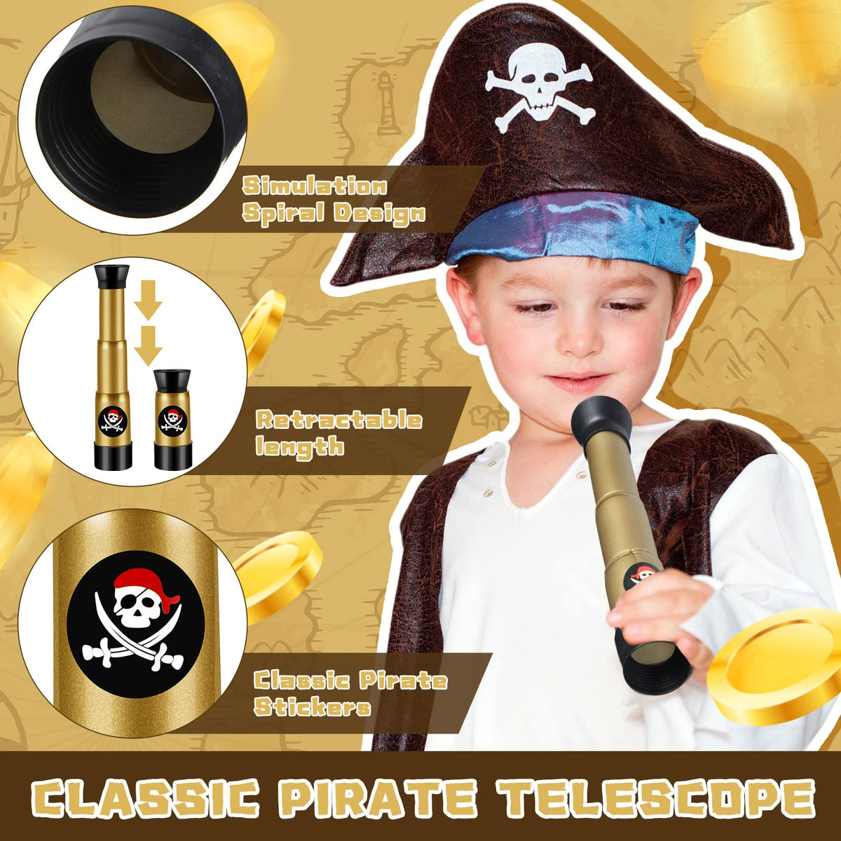 Six pack of Zubebe mini pirate telescopes arranged as party favors for a childrens birthday celebration.